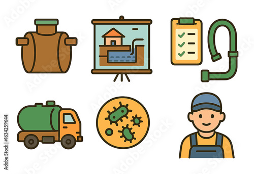 Septic System Icons. Flat vector mini-illustrations Septic system maintenance in colors children's