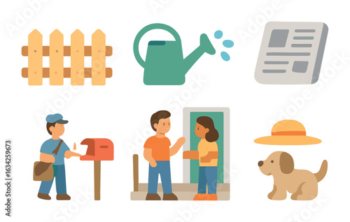 Neighborly Conversations Icons. Flat vector mini-illustrations Talking with neighbors in colors children's