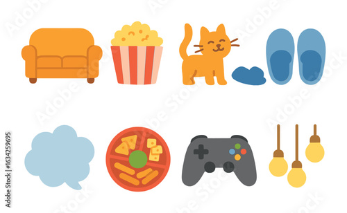 Cozy Hangout Icons. Flat vector mini-illustrations Group hangout conversation in colors children's