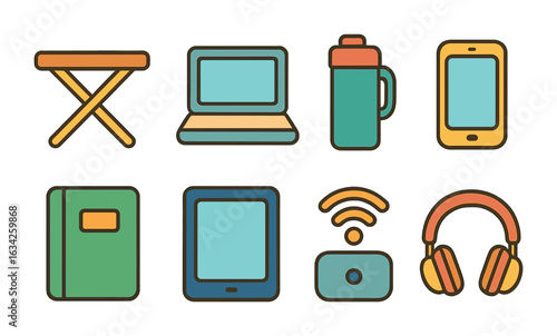 Mobile Office Essentials. Flat vector mini-illustrations setting up mobile offices in colors children's