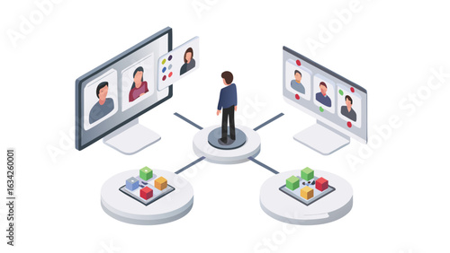 Isometric illustration of a person connecting with others via video conference technology and data