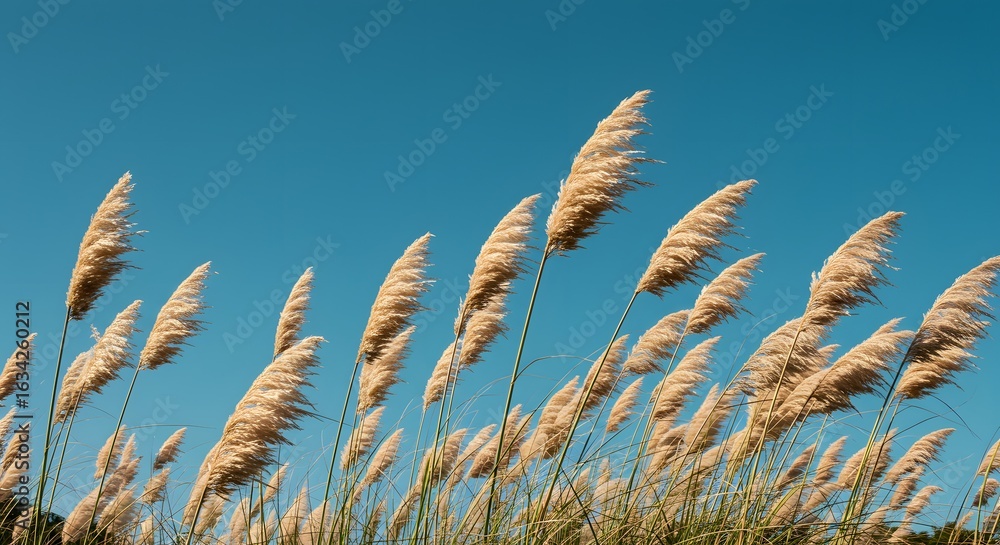 Obraz premium Tall Pampas Grass Plumes Swaying Against a Clear Blue Sky