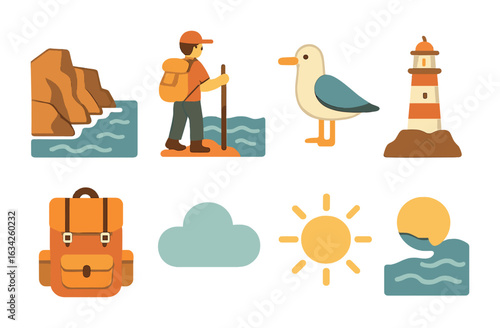 Coastal Adventure Icons. Flat vector mini-illustrations coastal cliff exploration in colors children's