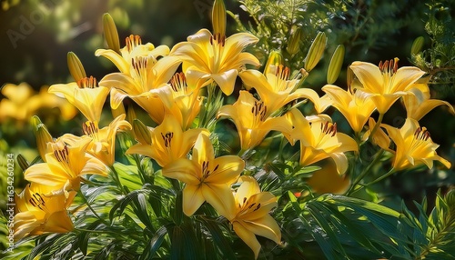 bright yellow lilies bloom in a lush garden bush on a sunny day