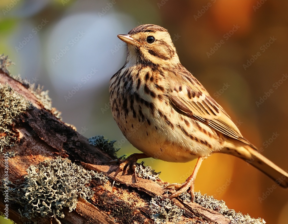 Fototapeta premium tree pipit anthus trivialis sitting on a tree branch in the sunlight