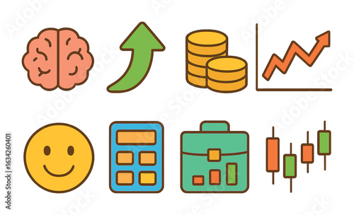 Trading Psychology Icons. Flat vector mini-illustrations trading psychology in colors children's illustrations
