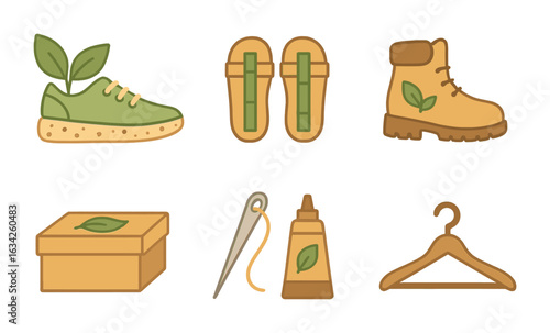 Eco-Friendly Shoe Icons. Flat vector mini-illustrations sustainable shoe designs in colors children's