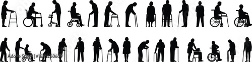 Silhouette of diverse individuals using mobility aids, including wheelchair, walker, cane, rollator, in various poses and support scenarios