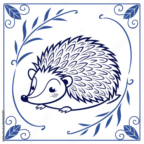 Blue and White Hedgehog Illustration with Storybook Details