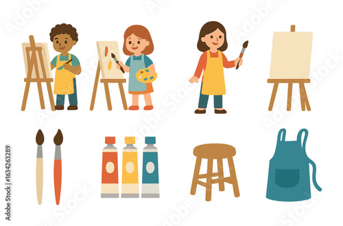 Children's Art Workshop. Flat vector mini-illustrations group painting session in colors children's