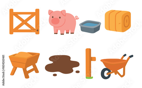 Barnyard Icon Collection. Flat vector mini-illustrations barnyard pigsty gate in colors children's