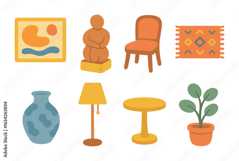 Fototapeta premium Children's Home Decor Icons. Flat vector mini-illustrations artistic home decor in colors children's