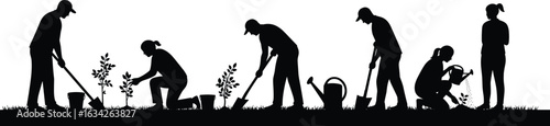 Silhouette of gardeners tilling soil, planting trees, digging holes, watering plants, nurturing seedlings, and observing growth in peaceful outdoor setting