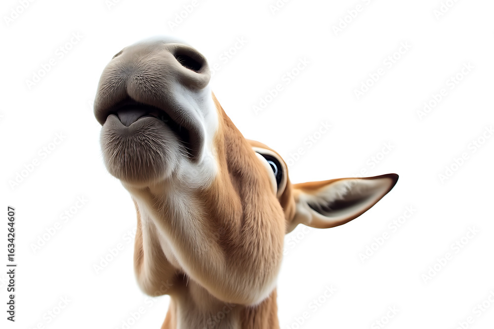 Naklejka premium Funny close up of a young antelope with its head tilted back and mouth open