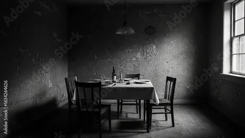 Gloomy Monochrome Dinner Setting in Abandoned Room Depicting Decay