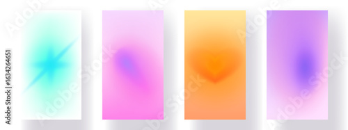 Set of dreamy gradient backgrounds with soft glowing shapes, sparkle, heart, abstract blur, and blurred color gradations. Social media cover templates, vector illustrations for banner, poster.