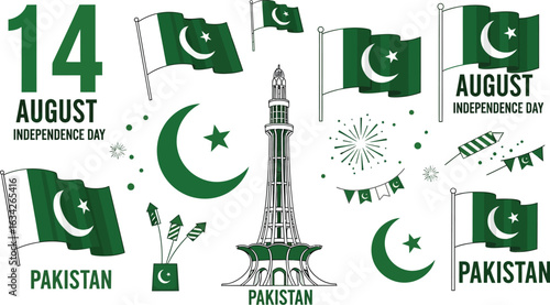 Illustration of pakistan independence day with flags, minar e pakistan and august 14