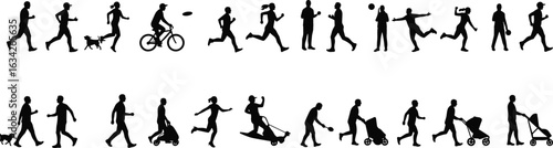 Silhouette of people walking dog, jogging, cycling, running, playing frisbee, juggling, photographing, pushing strollers, sledding, bending, diverse outdoor activity scene