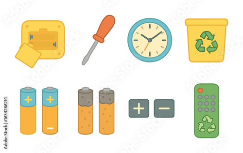 Battery Replacement Icons. Flat vector mini-illustrations battery replacement in colors children's