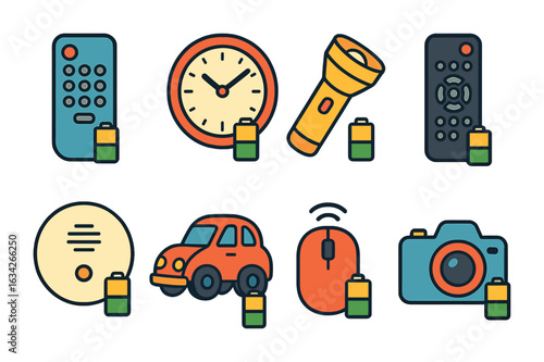 Children's Battery-Powered Devices. Flat vector mini-illustrations home devices with batteries in colors