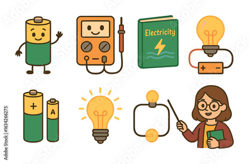 Kids Learn Batteries. Flat vector mini-illustrations kids learning about batteries in colors children's