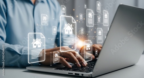 Professional managing real estate data efficiently on a modern laptop, visualizing property information and digital transactions with glowing connections