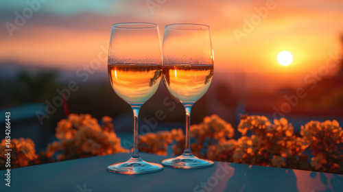 Wine glasses at sunset: A beautiful evening scene with golden light reflecting in the glasses.