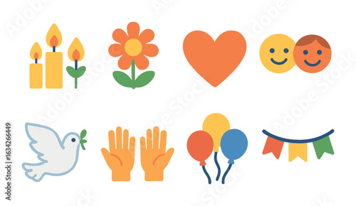 Peaceful Icons Grid. Flat vector mini-illustrations peaceful demonstrations in colors children's illustrations