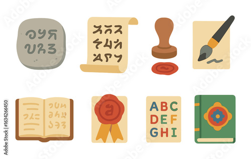 Endangered Scripts Icons. Flat vector mini-illustrations saving endangered scripts in colors children's