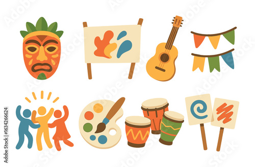 Colorful Cultural Icons. Flat vector mini-illustrations cultural protests in colors children's illustrations: