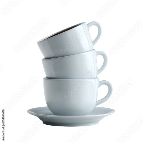 Stacked white coffee cups with saucer, perfect for a coffee shop or home setting, isolated on a clean background.