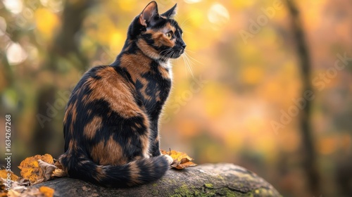 Elegant tortoiseshell cat sits on mossy log in autumn forest