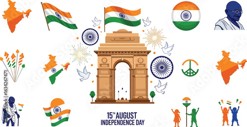 Indian independence day illustration with india gate flag gandhi and patriotic elements on white background