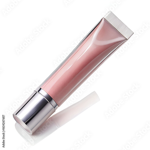 Single tube of pink lip gloss or cosmetic cream, isolated on white background