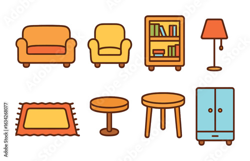 Colorful Furniture Icons. Flat vector mini-illustrations furniture retail brands in colors children's