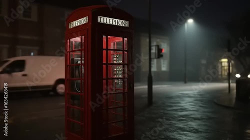 Iconic London Red Telephone Box in Foggy Urban Setting at Night, Cars Passing by