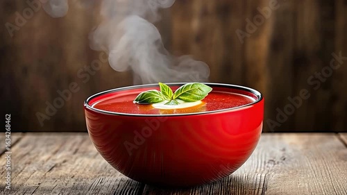 Steaming bowl of red tomato soup with fresh basil and lemon, set against rustic wooden background, evokes warmth and comfort in every hot sip.