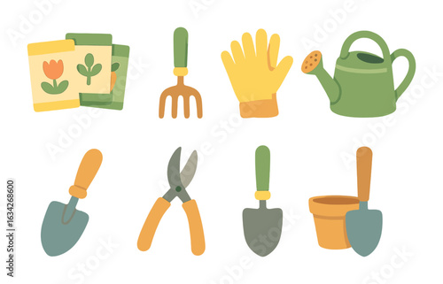 Garden Shed Icons. Flat vector mini-illustrations tidy garden shed interior in colors children's illustrations