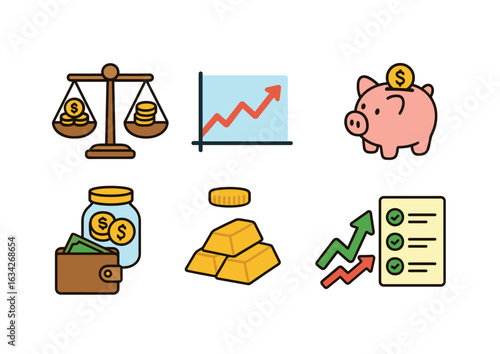 Investment Icons for Kids. Flat vector mini-illustrations risk and reward in investments in colors children's