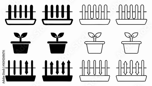 Illustration of plant growth stages and irrigation methods in black and white line art style design silhouette