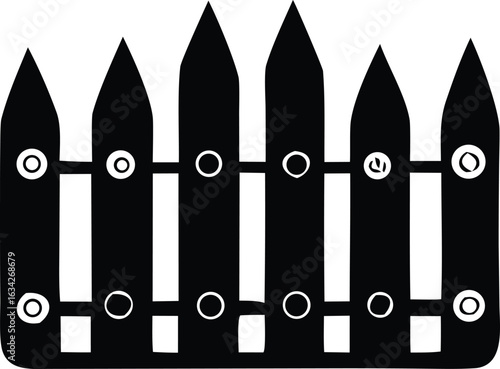 Classic black picket fence silhouette with circular accents and pointed tops offers a timeless garden boundary