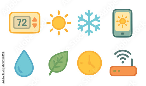 Kids' Climate Control Icons. Flat vector mini-illustrations home climate control in colors children's