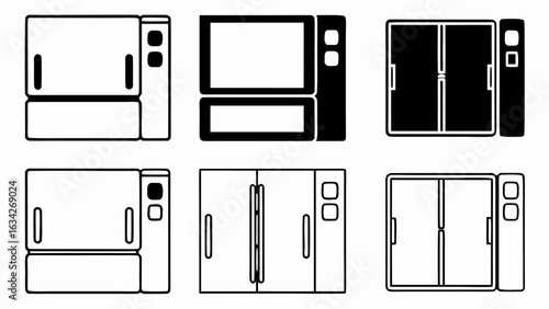 Illustration showing various styles of refrigerators and freezers in black and white line drawing format silhouette
