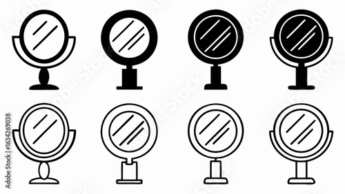 Illustration of eight vanity mirrors in black and white with different stand and mirror frame styles silhouette