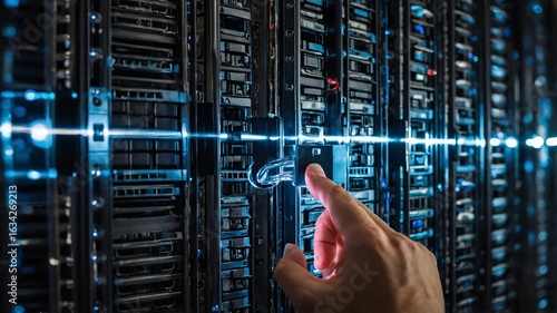 Close-up of a hand operating a server rack in a modern data center.
