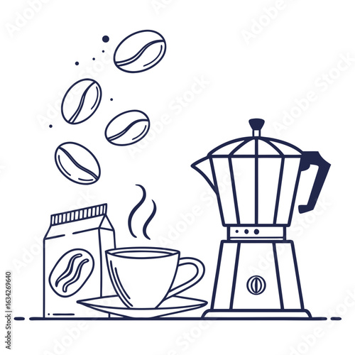Coffee beans steaming cup moka pot package coffee package