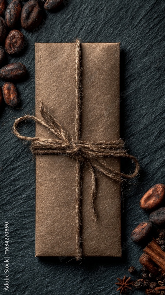 Fototapeta premium Artisan coffee gift box wrapped in rustic kraft paper, tied with natural twine, surrounded by roasted coffee beans on dark slate background