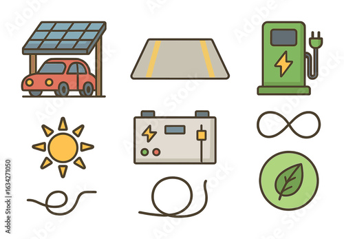 Solar Carport Icons. Flat vector mini-illustrations solar carports in colors children's illustrations: car