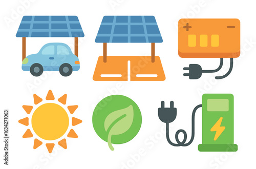 Solar Carport Icons. Flat vector mini-illustrations solar carports in colors children's illustrations: car