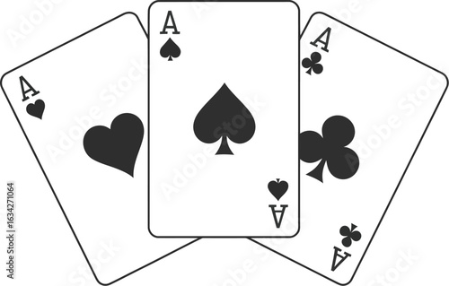 Three aces playing cards with hearts spades and clubs in black and white